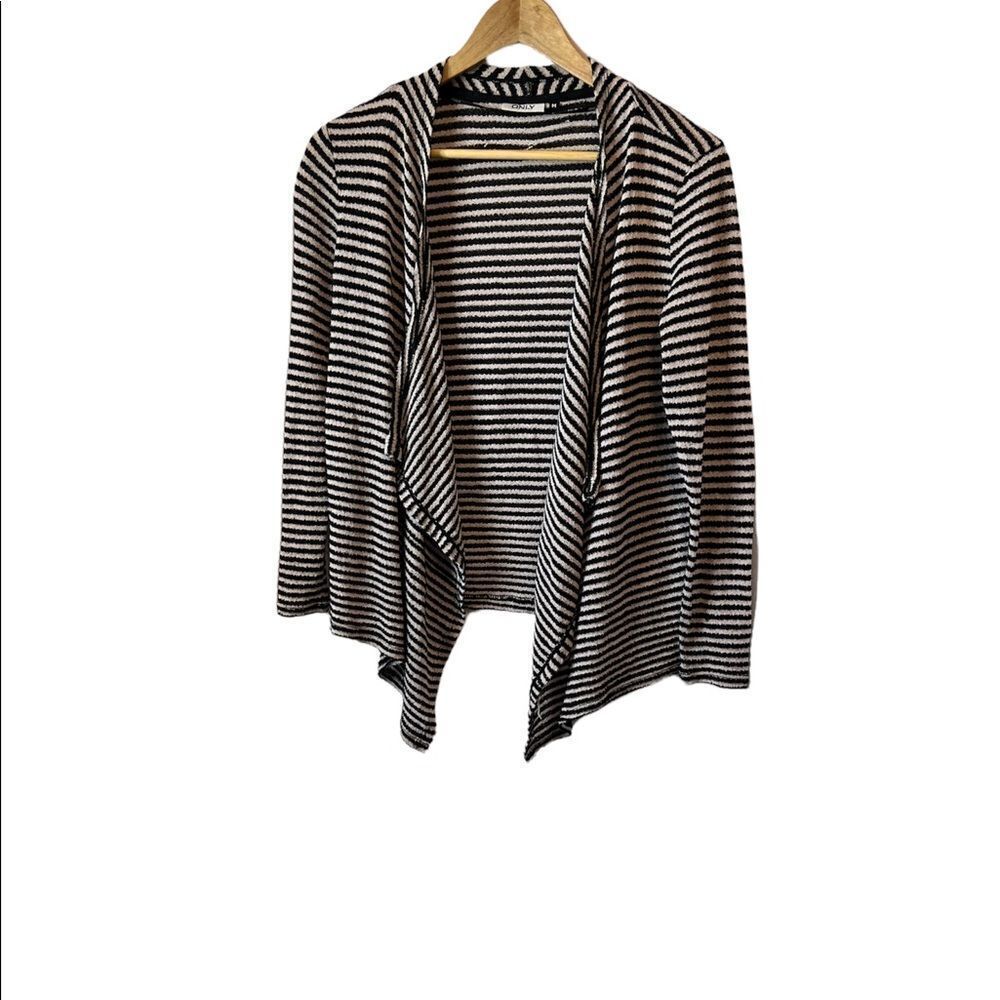 ONLY Black & Tan Striped Knit Open Loose Fit Cardigan Sweater M